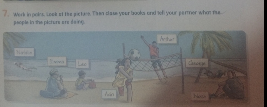 Work in pairs. Look at the picture. Then close your books and tell your partner what the 
people in the picture are doing.