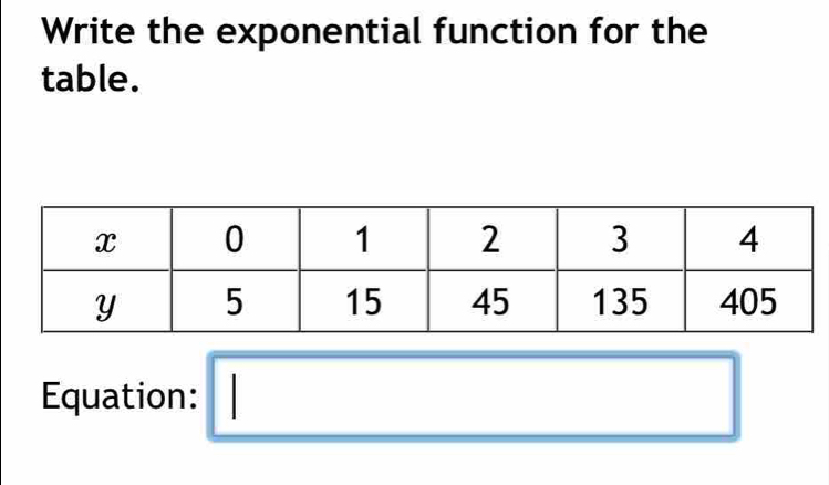 Write the exponential function for the 
table. 
Equation: □