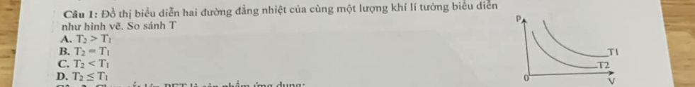 Đồ thị biểu diễn hai đường đẳng nhiệt của cùng một lượng khí lí tưởng biểu diễn
như hình vẽ. So sánh T
A. T_2>T_1
B. T_2=T_1
C. T_2
D. T_2≤ T_1
v