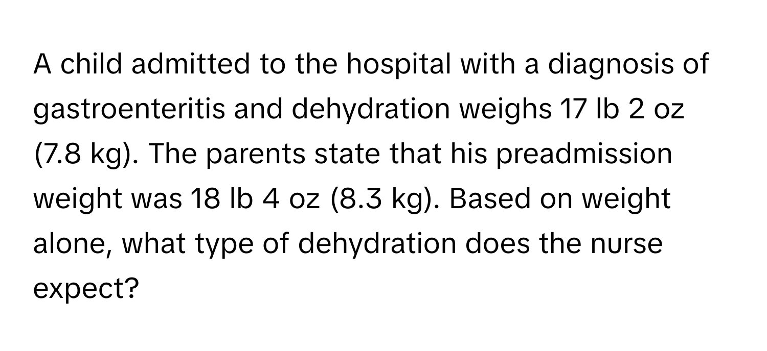 A child admitted to the hospital with a diagnosis of gastroenteritis and dehydration weighs 17 lb 2 oz (7.8 kg). The parents state that his preadmission weight was 18 lb 4 oz (8.3 kg). Based on weight alone, what type of dehydration does the nurse expect?