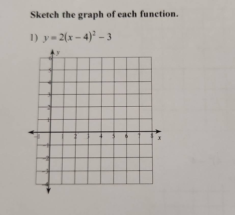 Sketch the graph of each function. 
1) y=2(x-4)^2-3