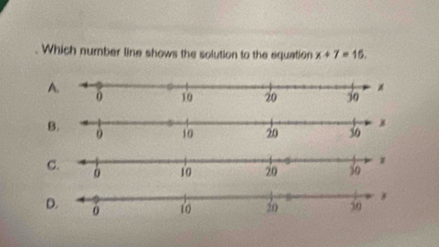 Which number line shows the solution to the equation x+7=16, 
A 
B. 
C. 
D.