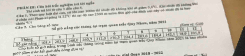 PHÂN III: Cầu bối trấc nghiệm trẻ lời ngắn 
Thí sinh và lời từ cầu 1 đến câu 6. 
Câu 1. Theo quy luật đai cao, cử ln cao 100m thi nhiệt độ không khi s5 gin 0.6°C 1. Khi nhiật độ khống khi 
ở chân nôi Phan-xi-pēng là 22°C thi tại độ cao 2500 m suớm đân gió cáa định nút này có nhiệt độ là hao 
năm 2021
Cho biết 
giờ? (làm tròn kết quả đến hàng đơn vị) 
Ia giai đoạn 2010 - 2022