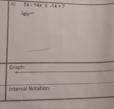 7x-14x≤ -14+7
Graph: 
Interval Notation: