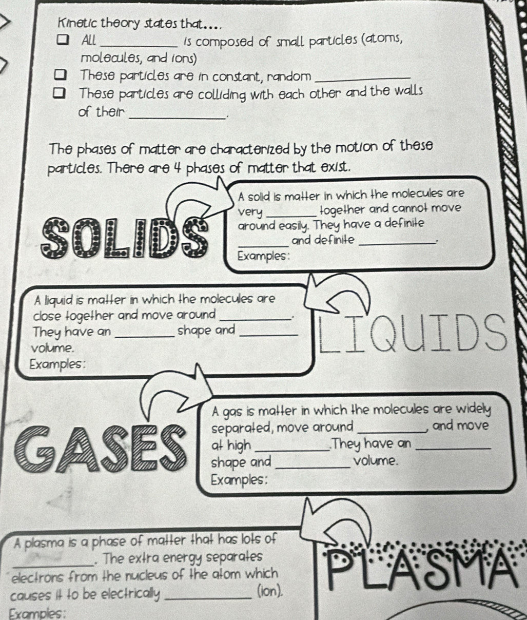 Kinetic theory states that.... 
All _is composed of small particles (atoms, 
a 
molecules, and ions) 
These particles are in constant, random_ 
These particles are colliding with each other and the walls 
of their_ 
. 
The phases of matter are characterized by the motion of these 
particles. There are 4 phases of matter that exist. 
A solid is matter in which the molecules are 
very _together and cannot move 
around easily. They have a definite 
and definite 
SOLIDS Examples: 
、. 
A liquid is matter in which the molecules are 
close together and move around_ 
. to 
They have an _shape and_ 
volume. 
Examples: 
A gas is matter in which the molecules are widely 
separated, move around , and move 
GASES at high_ _They have an_ 
shape and volume. 
Examples: 
A plasma is a phase of matter that has lots of 
. The extra energy separales 
electrons from the nucleus of the atom which 
causes it to be electrically_ (ion). PLASMA 
Examples:
