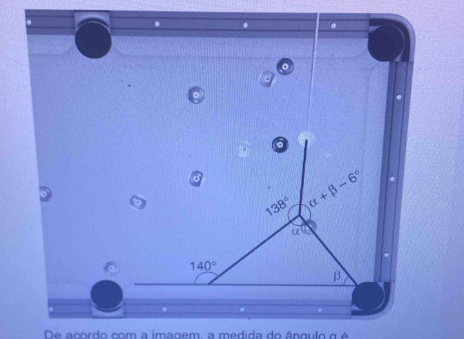 138° alpha +beta -6°
α
140°
β. 
De acordo com a imagem, a medida do ângulo α é