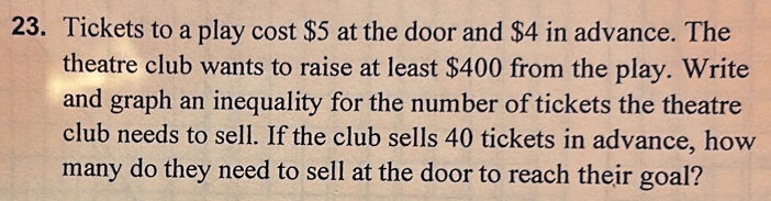 Tickets to a play cost $5 at the door and $4 in advance. The 
theatre club wants to raise at least $400 from the play. Write 
and graph an inequality for the number of tickets the theatre 
club needs to sell. If the club sells 40 tickets in advance, how 
many do they need to sell at the door to reach their goal?