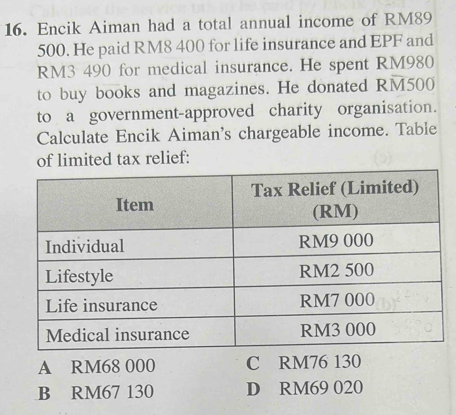 Encik Aiman had a total annual income of RM89
500. He paid RM8 400 for life insurance and EPF and
RM3 490 for medical insurance. He spent RM980
to buy books and magazines. He donated RM500
to a government-approved charity organisation.
Calculate Encik Aiman's chargeable income. Table
of limited tax relief:
A RM68 000 C RM76 130
B RM67 130 D RM69 020