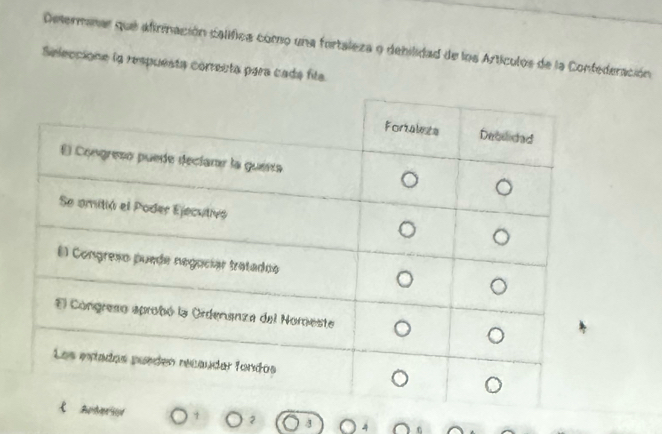 Determanar que afirinación califica como una fortaleza o debilidad de los Artículos de la Confederación 
Seleccione la respuesta correcta para cada fila. 
2