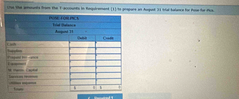 Use the amounts from the T -accounts in Requirement (1) to prepare an August 31 trial balance for Pose-for-Pics. 
Recnired 1