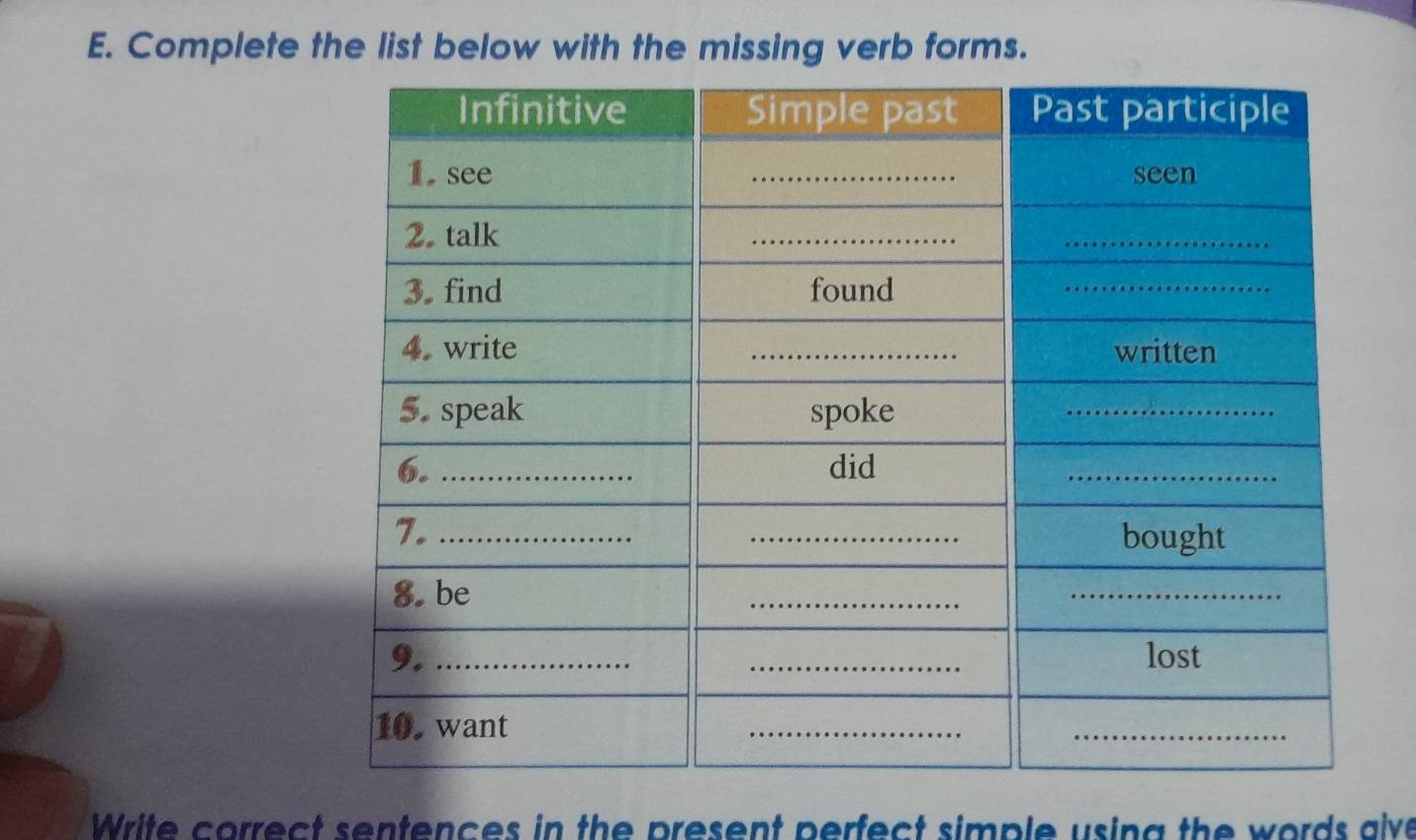 Complete the list below with the missing verb forms. 
Write correct sentences in the present perfect simple using the words alve