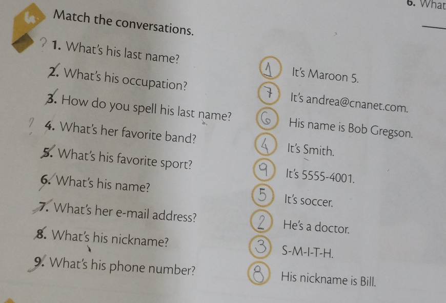 What
Match the conversations.
_
1. What's his last name? It's Maroon 5.
2. What's his occupation? It's andrea@cnanet.com.
3. How do you spell his last name? His name is Bob Gregson.
4. What's her favorite band? It's Smith.
5. What's his favorite sport? It's 5555-4001.
6. What's his name? It's soccer.
7. What's her e-mail address? He's a doctor.
8. What's his nickname? S-M-I-T-H.
9. What's his phone number? His nickname is Bill.