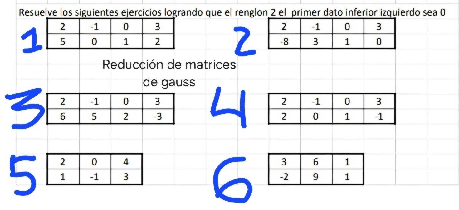 Resuelve los siguientes ejercicios logrando que el renglon 2 el primer dato inferior izquierdo sea 0

2
1
Reducción de matrices 
de gauss
3

5
6