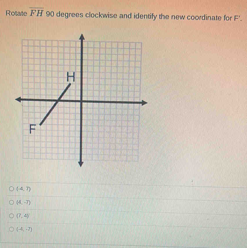 Rotate overline FH 90 degrees clockwise and identify the new coordinate for F'.
(-4,7)
(4,-7)
(7,4)
(-4,-7)