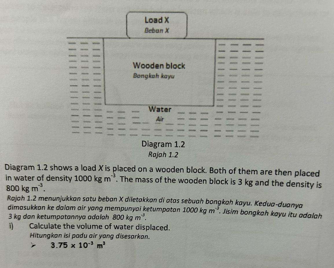 Load X
Beban X
Wooden block 
Bongkah kayu 
Water 
Air 
Diagram 1.2 
Rajah 1.2 
Diagram 1.2 shows a load X is placed on a wooden block. Both of them are then placed 
in water of density 1000kgm^(-3). The mass of the wooden block is 3 kg and the density is
800kgm^(-3). 
Rajah 1.2 menunjukkan satu beban X diletakkan di atas sebuah bongkah kayu. Kedua-duanya 
dimasukkan ke dalam air yang mempunyai ketumpatan 1000kgm^(-3). Jisim bongkah kayu itu adalah
3 kg dan ketumpatannya adalah 800kgm^(-3). 
i) Calculate the volume of water displaced. 
Hitungkan isi padu air yang disesarkan.
3.75* 10^(-3)m^3