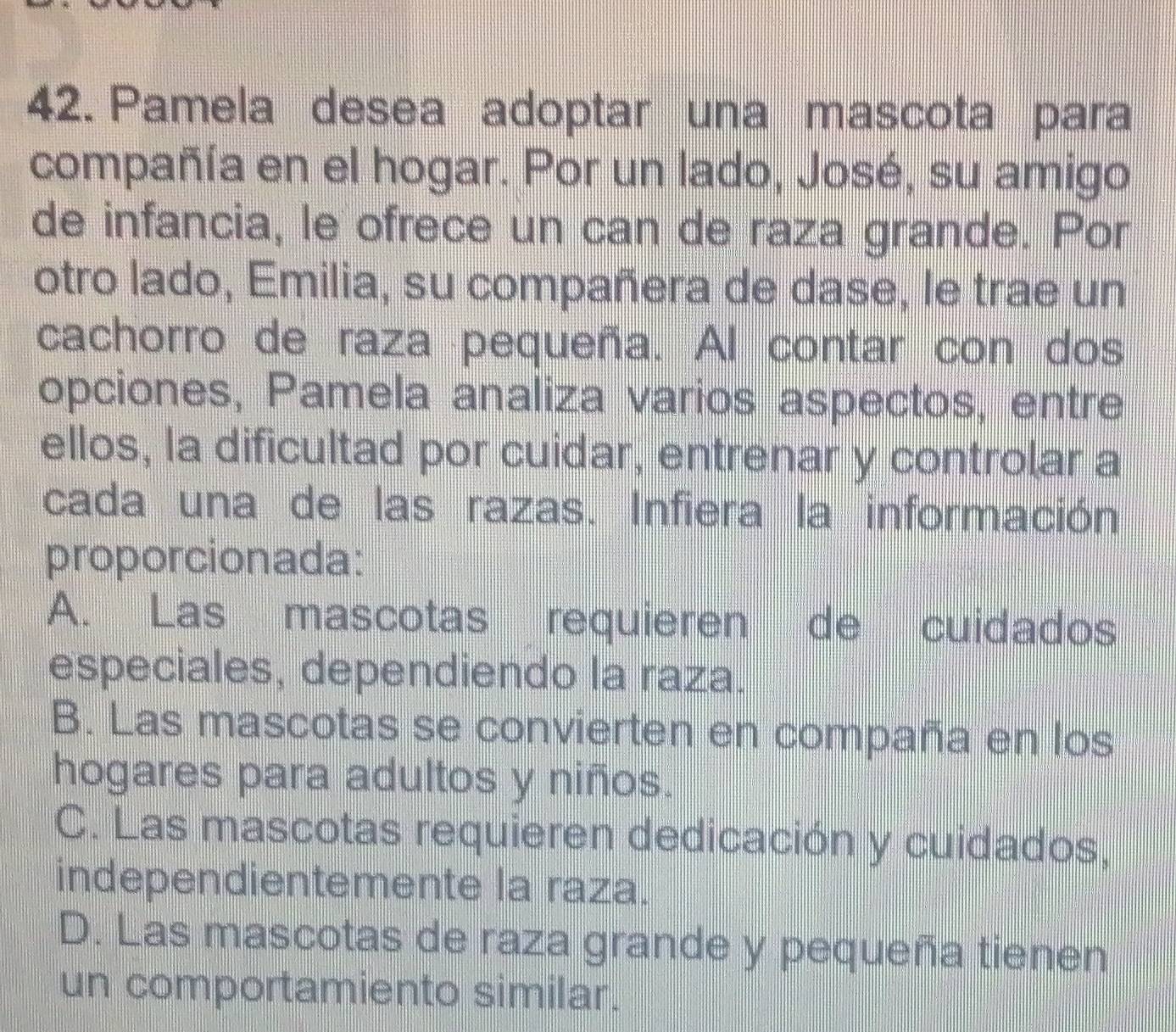 Pamela desea adoptar una mascota para
compañía en el hogar. Por un lado, José, su amigo
de infancia, le ofrece un can de raza grande. Por
otro lado, Emilia, su compañera de dase, le trae un
cachorro de raza pequeña. Al contar con dos
opciones, Pamela analiza varios aspectos, entre
ellos, la dificultad por cuidar, entrenar y controlar a
cada una de las razas. Infiera la información
proporcionada:
A. Las mascotas requieren de cuidados
especiales, dependiendo la raza.
B. Las mascotas se convierten en compaña en los
hogares para adultos y niños.
C. Las mascotas requieren dedicación y cuidados,
independientemente la raza.
D. Las mascotas de raza grande y pequeña tienen
un comportamiento similar.