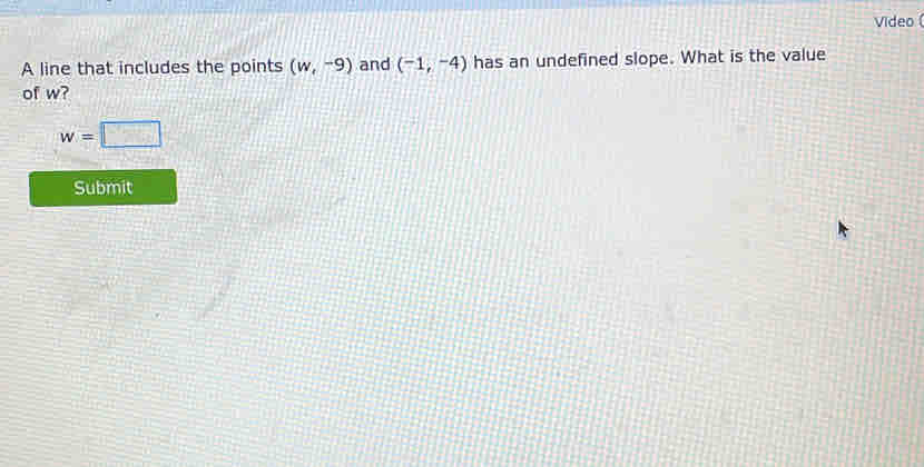 Video ( 
A line that includes the points (w,-9) and (-1,-4) has an undefined slope. What is the value 
of w?
w=□
Submit