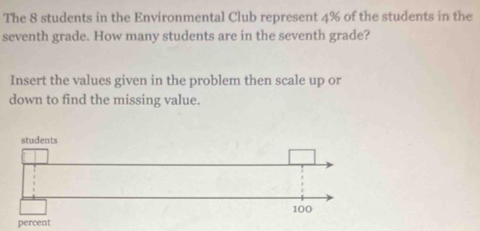 The 8 students in the Environmental Club represent 4% of the students in the 
seventh grade. How many students are in the seventh grade? 
Insert the values given in the problem then scale up or 
down to find the missing value. 
students 
percent