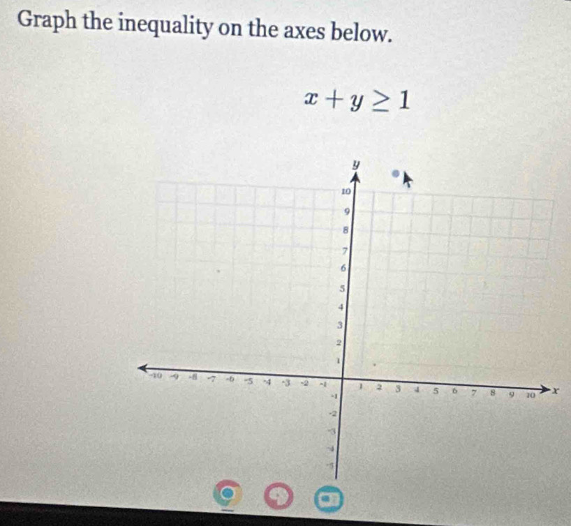 Graph the inequality on the axes below.
x+y≥ 1
x