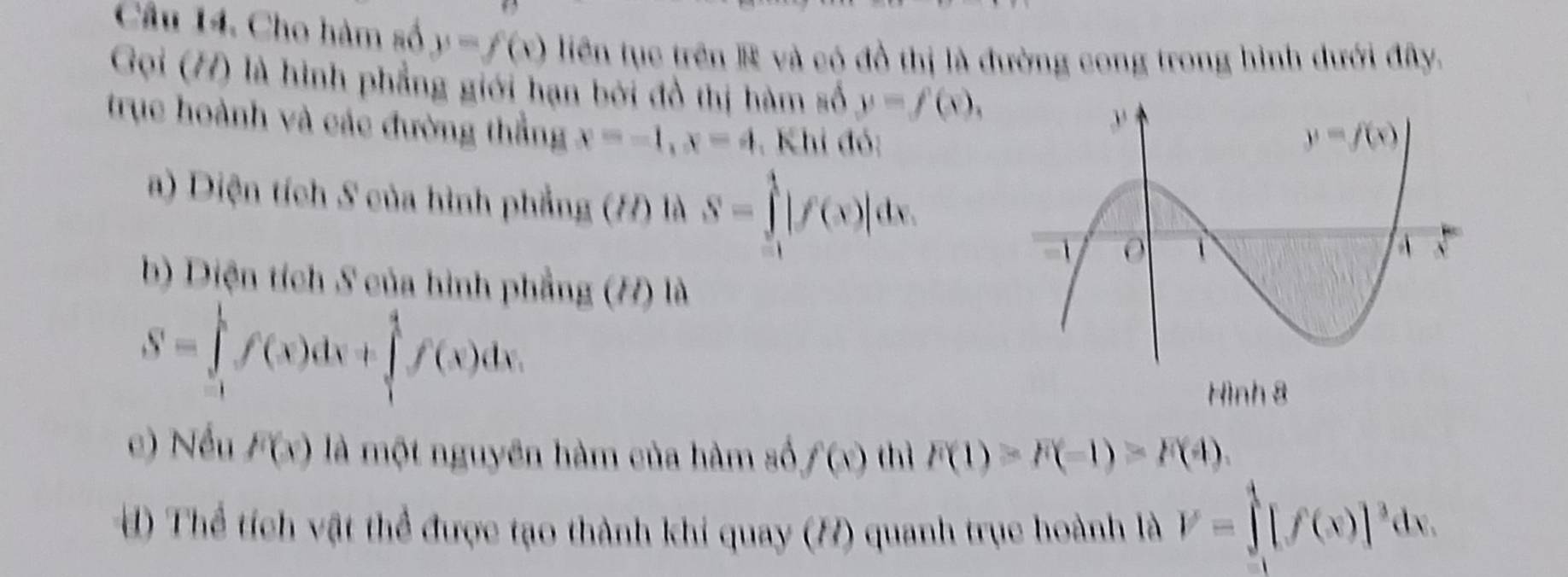 Cầu 14. Cho hàm số y=f(x) liên tục trên R và có đồ thị là đường cong trong hình dưới đây.
Gọi (7) là hình phẳng giới hạn bởi đồ thị hàm số y=f(x),
trục hoành và các đường thẳng x=-1,x=4. Khi đó:
a) Diện tích S của hình phẳng (H) là S=∈tlimits _(-1)^1|f(x)|dx.
b) Diện tích S của hình phẳng (H) là
S=∈tlimits _(-1)^1f(x)dx+∈tlimits _1^(1f(x)dx
e) Nều F(x) là một nguyên hàm của hàm số f(x) thì F(1)>F(-1)>F(4).
d Thể tích vật thể được tạo thành khi quay (H) quanh trục hoành là V=∈tlimits _0^1[f(x)]^3)dx.