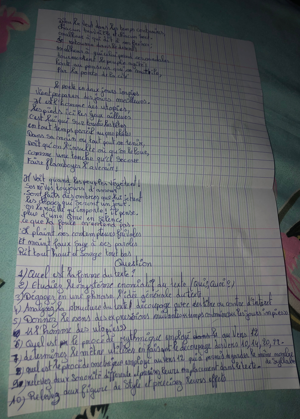 Dpen Re Neat dan' Reb tempo contraikes
chacun treaddiere of cBacn Beet.
cmalkeut a que der s pes Biercey?
Se retowine dam Re deperk!
mahenh a quiclut prend ecbnandaler
towmentent Repeyple agire?
honte at pensewh quine muthiPe
Pan Raporite do Pa cite
Re poele un dack fowus impiles
Veent preparent dos gouts meelleans.
I otehommedes utopies,
Respied ice Ru your aillears
cust Rue gui swr touo Resteter
en tout temps parceip au pro phele
Dam sa bmain ou Yout peat re terming
Boit qu' on Xcnoulre ou quon Ro Poue
comme junk tenche quill secove
Foine lamboyen Xaveain!
of voll quand. Respeupler vegetlent!
ses neves toyowus dfamour
Sont Paits desombries due Rut fetent
Res Modes qui sefont un feut.
on Re nate quimponte! le pense
plue dune time en sitence
ceque rd Boule mentend pas
t plain't res contem plewe Brlevales
et maint Paux sage a bes palos
Ret rourout ot songe tout bas
Questeon
1Quel aPomone dos teale?
② cludies Re ony stemone choneealop du take YaunauocB)
3 Degages on ume phnouse Rlide generade dutal
V Analying fa bructuce du lente  docoupage qutc des the ou centie d inlacd
sDonnes Re oens desexprestions houvondiomtemps condmnaimou Yo yowres implean
uhhomme deo ulobicis)
b cyelust po te prockedo nadhmique cmelag B au Verw l
,delermanes Ro mmelne wellisen on fain gut h decoupag doslero 0 y, 20, 72.
quel ost de proce do ometriguce amoloy( au verc quia peronih dagandon a chaing monby
g meleves dour somonite diffeculnd d preaing Bearis emplacimont dan lecti. do syeabe
10, Peleing doar Biguie do sty or porcdeing lowow offet