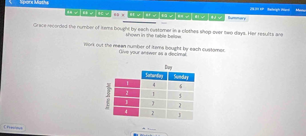 Sparx Maths 29.311 XP Baileigh Ward Menu 
6A √ 68 √ 6C 6 D 6E 6F 6G 6H 61 6J Summary 
Grace recorded the number of items bought by each customer in a clothes shop over two days. Her results are 
shown in the table below. 
Work out the mean number of items bought by each customer. 
Give your answer as a decimal. 
Previous 
___