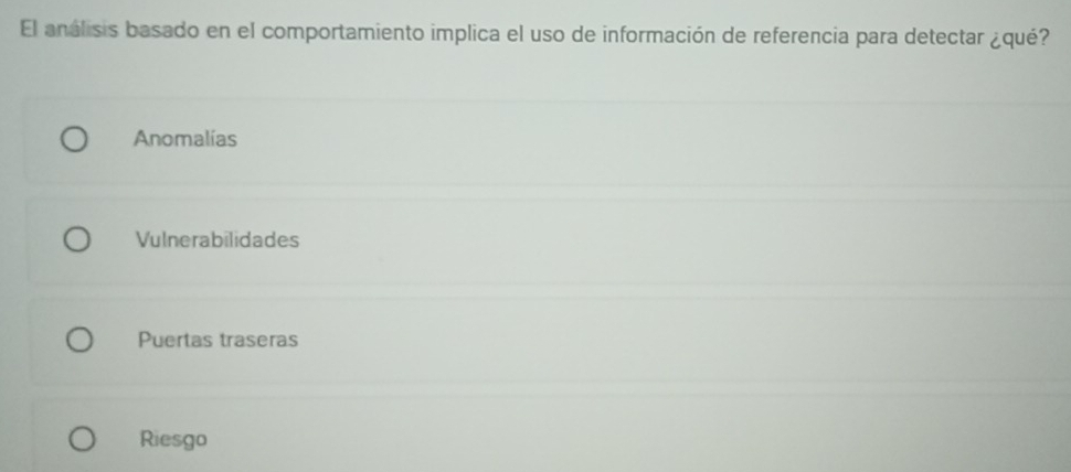 El analisis basado en el comportamiento implica el uso de información de referencia para detectar ¿qué?
Anomalías
Vulnerabilidades
Puertas traseras
Riesgo