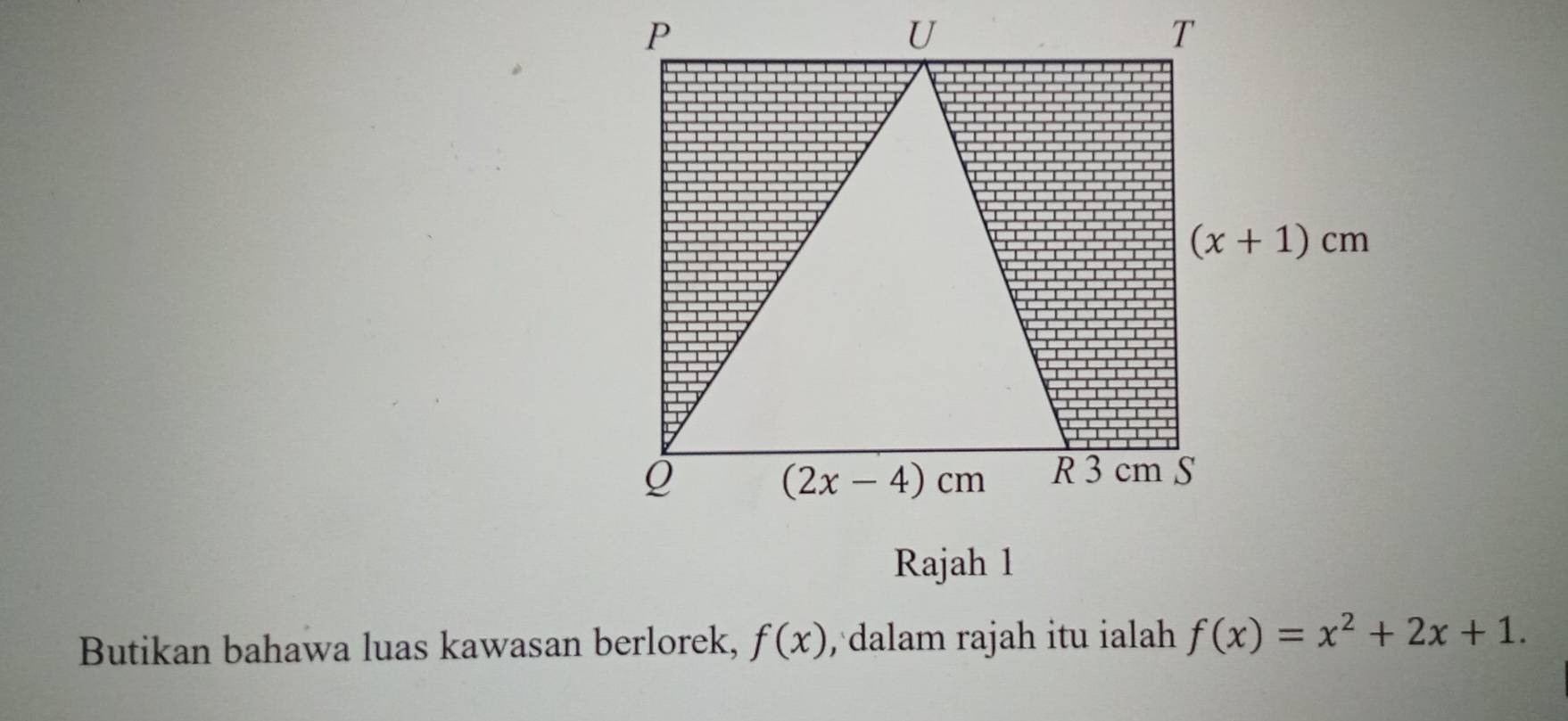 Butikan bahawa luas kawasan berlorek, f(x) , dalam rajah itu ialah f(x)=x^2+2x+1.