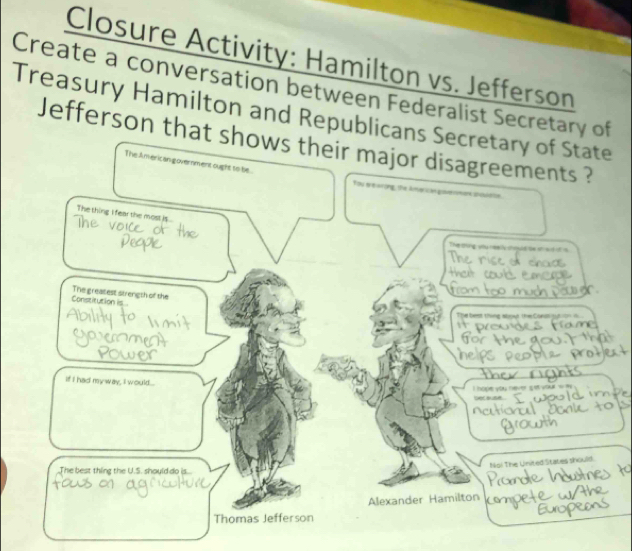 Closure Activity: Hamilton vs. Jefferson 
Create a conversation between Federalist Secretary of 
Treasury Hamilton and Republicans Secretary of State 
Jefferson that shows their major disagreements ? 
The A merican g overnment ought to be You are wrong, the Anvel en gav 
The thing I fear the most is 
The ooing yy really chould te an aud of is 
Constitution is The greatest sirength of the 
The best thing about the Cons gyt n = 
If I had my way, I would.... 
hope you never get your w th bec ause . 
No! The United States should. 
The best thing the U.S. should do is... 
Alexander Hamilton 
Thomas Jefferson