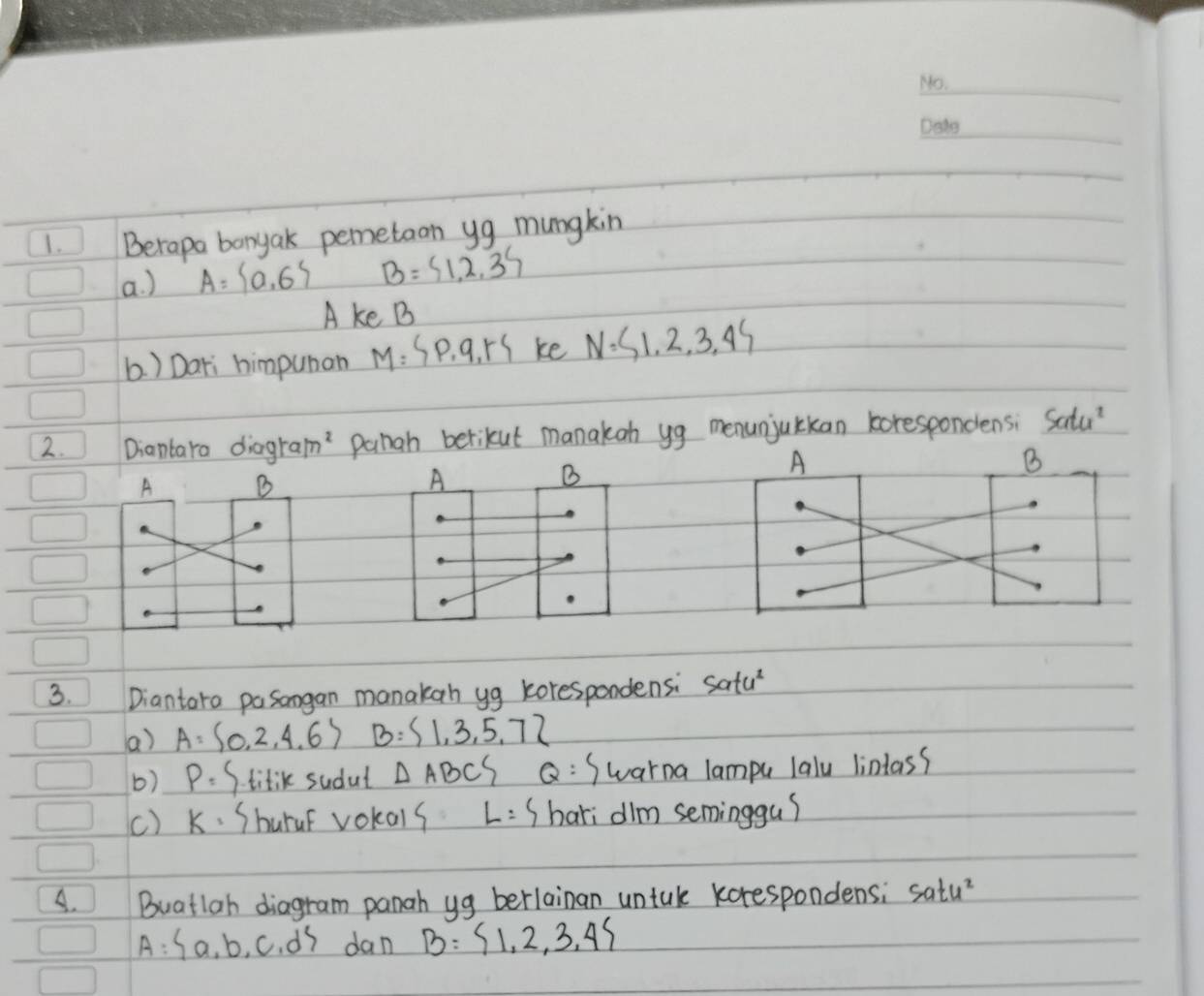 Berapa bonyak pemetaan yg mungkin 
a. ) A= a,6 B= 1,2,3
A ke B
b. ) Dari himpuman M=SP,9,rS ke N=41,2,3,45
2. Diantara diag ram^2 pahah betikut manakon yg menunjuckan korespondensi Satu
A B 
A 
B 
A 
B 
3. Diantaro pasangan manakan yg korespondensi satu^2
a) A= 0,2,4,6 B= 1,3,5,7
() P= S titik sudul △ ABCS a:Swarna lampu laly lintass 
() k· Shurur vokals L=S hari dim seminggu? 
A. Buatiah diagram panah yg berlainan untuk korespondens; satu^2
A= a,b,c,d dan B= 1,2,3,4