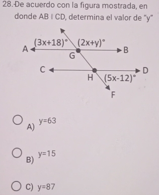 De acuerdo con la figura mostrada, en
donde ABICD , determina el valor de “y”
y=63
A)
y=15
B)
C) y=87