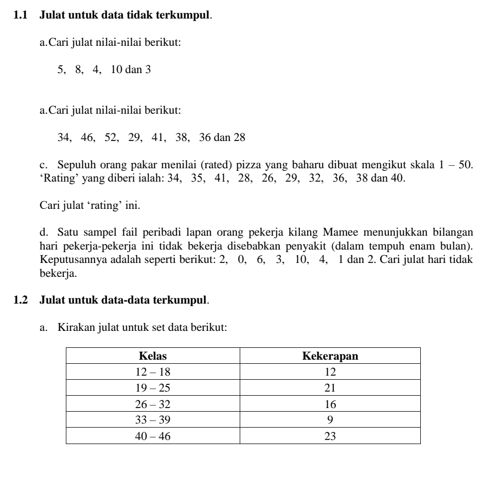 1.1 Julat untuk data tidak terkumpul. 
a.Cari julat nilai-nilai berikut:
5, 8, 4, 10 dan 3
a.Cari julat nilai-nilai berikut:
34, 46, 52, 29, 41, 38, 36 dan 28
c. Sepuluh orang pakar menilai (rated) pizza yang baharu dibuat mengikut skala 1 - 50. 
‘Rating’ yang diberi ialah: 34, 35, 41, 28, 26, 29, 32, 36, 38 dan 40. 
Cari julat ‘rating’ ini. 
d. Satu sampel fail peribadi lapan orang pekerja kilang Mamee menunjukkan bilangan 
hari pekerja-pekerja ini tidak bekerja disebabkan penyakit (dalam tempuh enam bulan). 
Keputusannya adalah seperti berikut: 2, 0, 6, 3, 10, 4, 1 dan 2. Cari julat hari tidak 
bekerja. 
1. 2 Julat untuk data-data terkumpul. 
a. Kirakan julat untuk set data berikut: