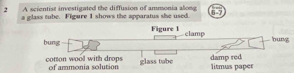 Grado
2 A scientist investigated the diffusion of ammonia along 6-7
a glass tube. Figure 1 shows the apparatus she used.
Figure 1 clamp
bung bung
cotton wool with drops glass tube damp red
of ammonia solution litmus paper