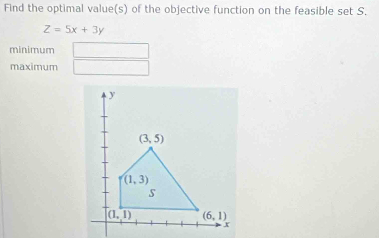 Find the optimal value(s) of the objective function on the feasible set S.
Z=5x+3y
minimum
maximum