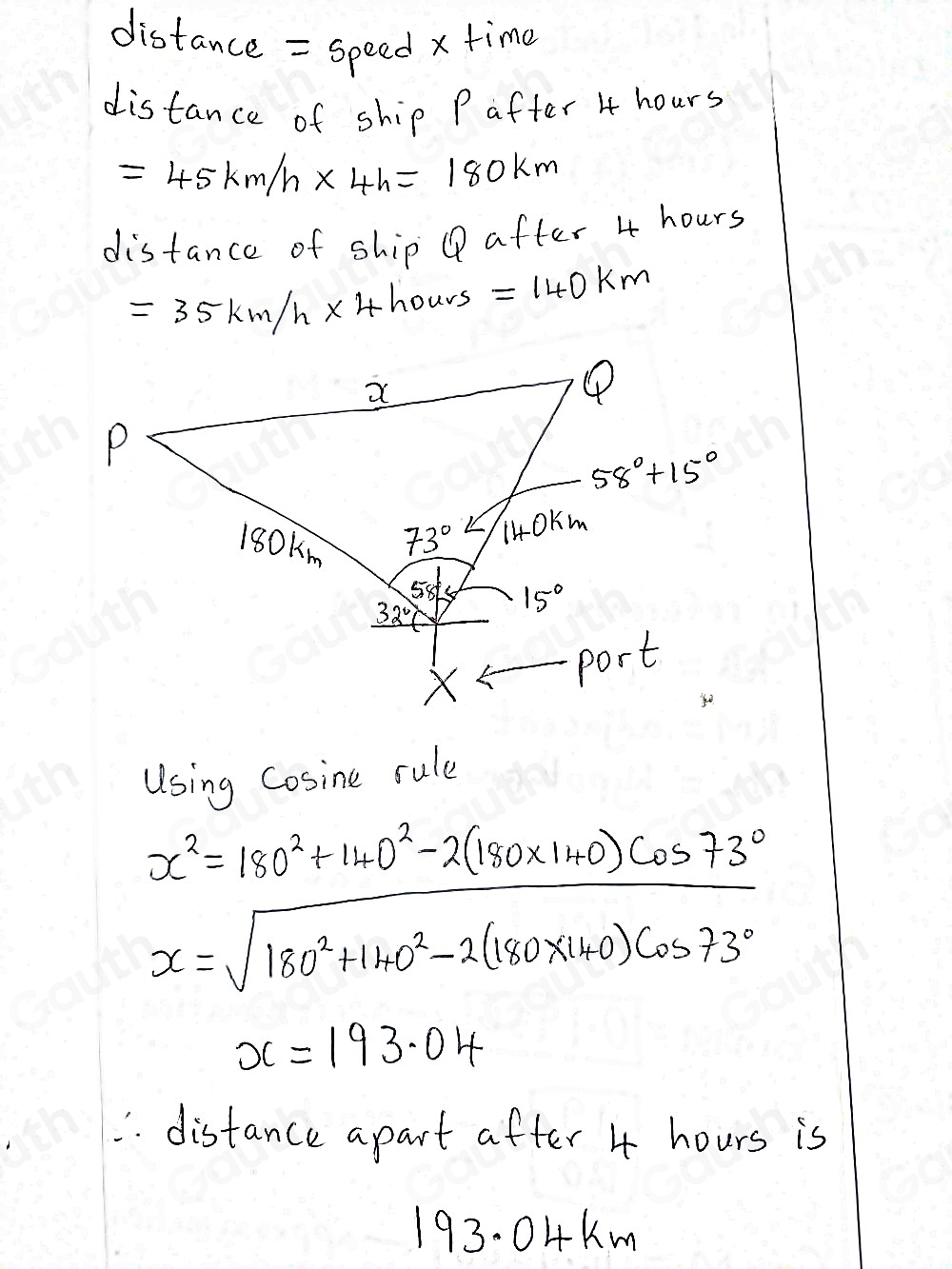 Solved: A ship P sails at a steady speed of 45km/h in a direction of W ...