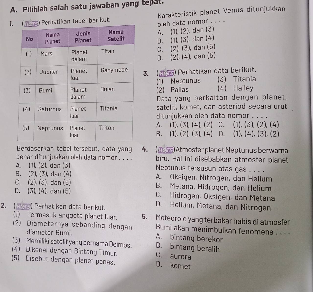 Pilihlah salah satu jawaban yang tepat.
1rhatikan tabel berikut. Karakteristik planet Venus ditunjukkan
oleh data nomor . . . .
A. (1), (2), dan (3)
B. (1), (3), dan (4)
C. (2), (3), dan (5)
D. (2), (4), dan (5)
3. (107) Perhatikan data berikut.
(1) Neptunus (3) Titania
(2) Pallas (4) Halley
Data yang berkaitan dengan planet,
satelit, komet, dan asteriod secara urut
ditunjukkan oleh data nomor . . . .
A. (1) ,(3),(4),(2) C. (1),(3),(2),
(4)
B. (1), (2),(3), (4) D. (1),(4),(3) , (2)
Berdasarkan tabel tersebut, data yang 4. (10) Atmosfer planet Neptunus berwarna
benar ditunjukkan oleh data nomor . . . . biru. Hal ini disebabkan atmosfer planet
A. (1). (2) , dan (3) Neptunus tersusun atas gas . . . .
B. (2),(3) , dan (4) A. Oksigen, Nitrogen, dan Helium
C. (2),(3) , dan (5) B. Metana, Hidrogen, dan Helium
D. (3),(4) , dan (5) C. Hidrogen, Oksigen, dan Metana
2. (_o ) Perhatikan data berikut.
D. Helium, Metana, dan Nitrogen
(1) Termasuk anggota planet luar. 5. Meteoroid yang terbakar habis di atmosfer
(2) Diameternya sebanding dengan Bumi akan menimbulkan fenomena . . . ·
diameter Bumi.
A. bintang berekor
(3) Memiliki satelit yang bernama Deimos. B. bintang beralih
(4) Dikenal dengan Bintang Timur.
C. aurora
(5) Disebut dengan planet panas.
D. komet