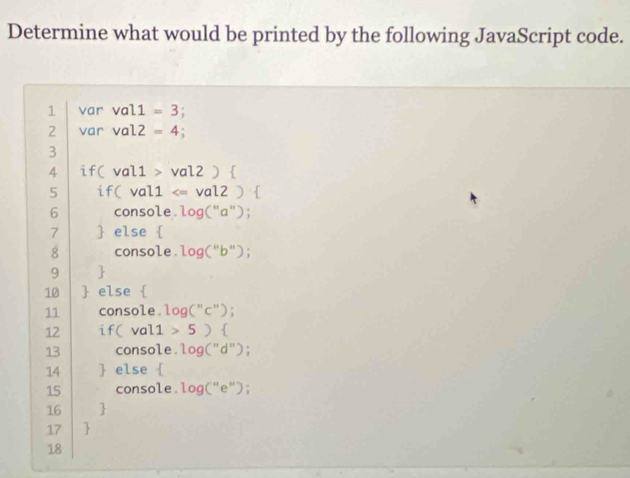 Determine what would be printed by the following JavaScript code. 
1 var val1 =3
2 var val2 =4
3 
4 if( val1 > val2 )  
5 if( val1 log("b"); 
9  
10  else  
11 console. log("c"); 
12 if( val1 > 5 )  
13 console. log("d"); 
14  else  
15 console. log("e"); 
16  
17  
18