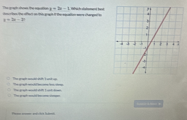 The graph shows the equation y=2x-1. Which statement best
describes the effect on this graph if the equation were changed to
y=2x-2
The gragh woulld shlft I wnlt up.
The graph would become less steep.
The graph woulld stifft 1 unlt down
The graph would become steeper.
Suinit RNaet 1
Pease answer and click Submit