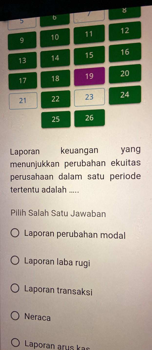 8
6
5
9 10 11 12
13 14 15 16
17 18 19 20
21 22 23 24
25 26
Laporan keuangan yang
menunjukkan perubahan ekuitas
perusahaan dalam satu periode
tertentu adalah .....
Pilih Salah Satu Jawaban
Laporan perubahan modal
Laporan laba rugi
Laporan transaksi
Neraca
Laporan arus kas