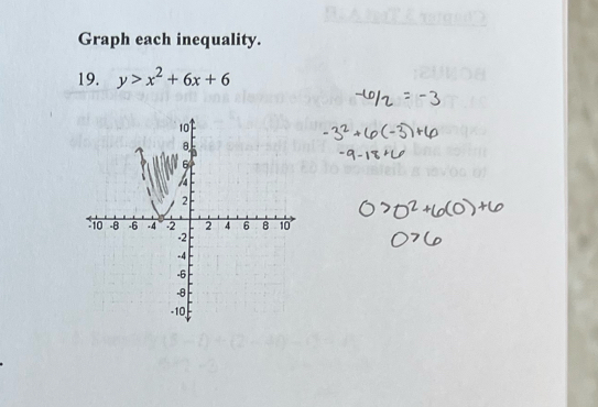 Graph each inequality. 
19. y>x^2+6x+6