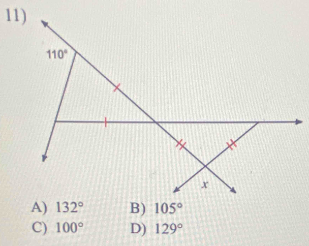 A) 132° B) 105°
C) 100° D) 129°