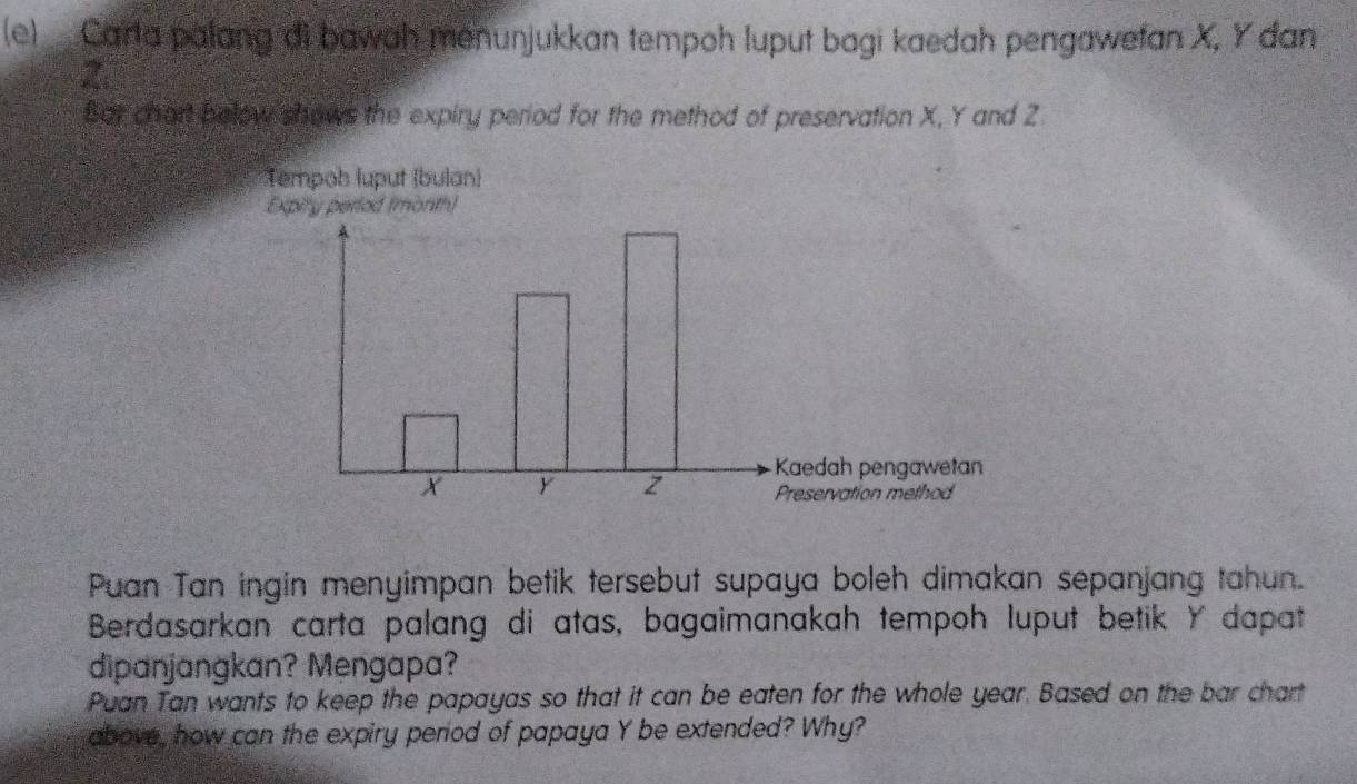 Carta palang di bawah menunjukkan tempoh luput bagi kaedah pengawetan X, Y dan
2
Bar chart below shows the expiry period for the method of preservation X, Y and Z
Puan Tan ingin menyimpan betik tersebut supaya boleh dimakan sepanjang tahun. 
Berdasarkan carta palang di atas, bagaimanakah tempoh luput betik Y dapat 
dipanjangkan? Mengapa? 
Puan Tan wants to keep the papayas so that it can be eaten for the whole year. Based on the bar chart 
above, how can the expiry period of papaya Y be extended? Why?