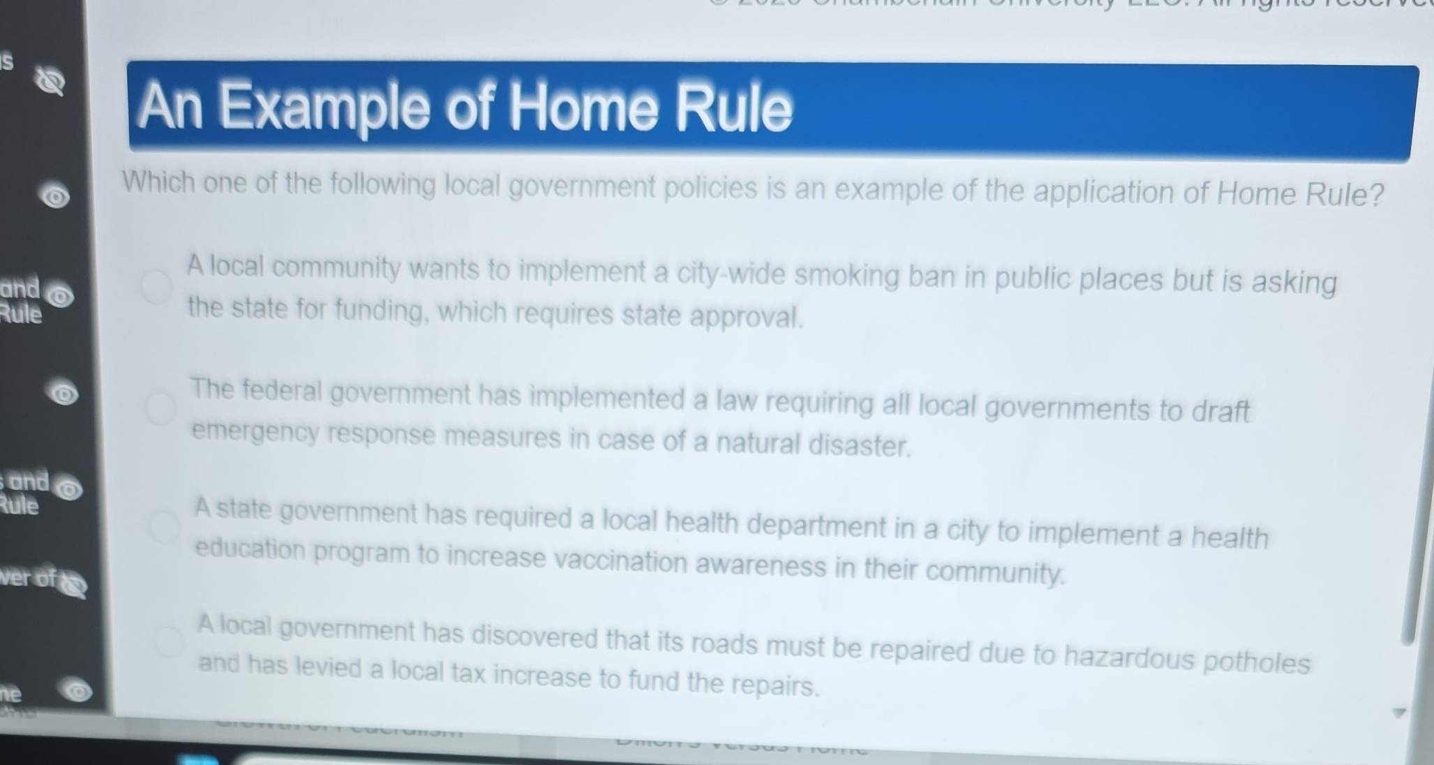 Solved: An Example of Home Rule Which one of the following local ...