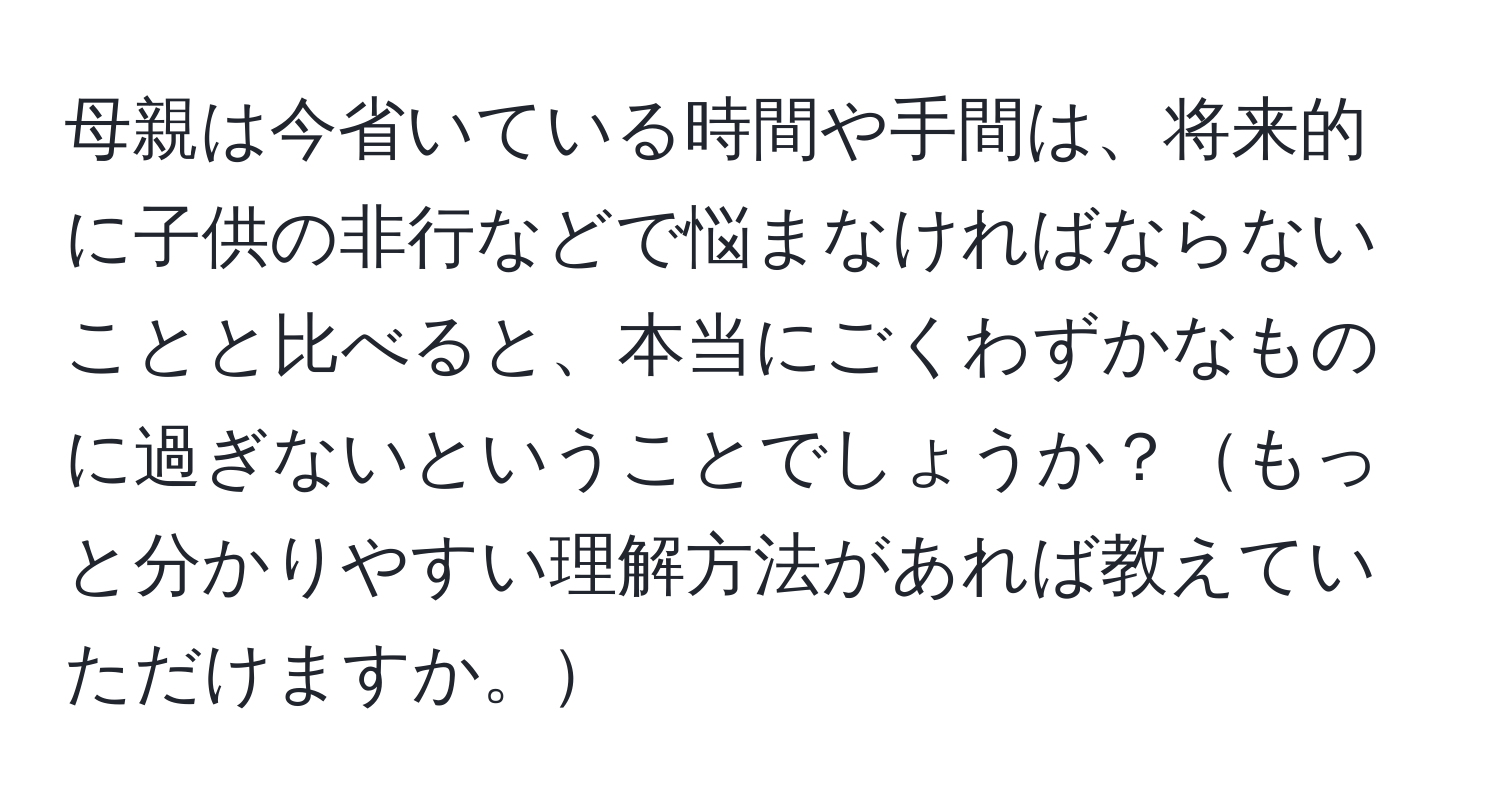 母親は今省いている時間や手間は、将来的に子供の非行などで悩まなければならないことと比べると、本当にごくわずかなものに過ぎないということでしょうか？もっと分かりやすい理解方法があれば教えていただけますか。