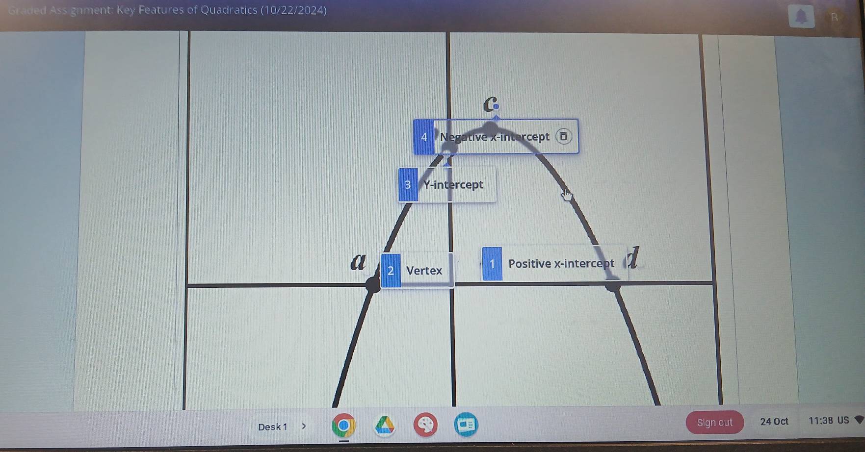 Graded Assignment: Key Features of Quadratics (10/22/2024) 
B 
C 
Negative x-intercept 
Y-intercept 
a Vertex 
Positive x -intercent 
Desk 1 
Sign out 24 Oct 11:38 US