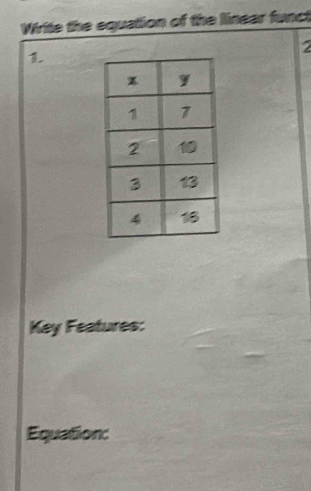 Write the equation of the linear funct 
2 
1 
Key Features: 
Equation: