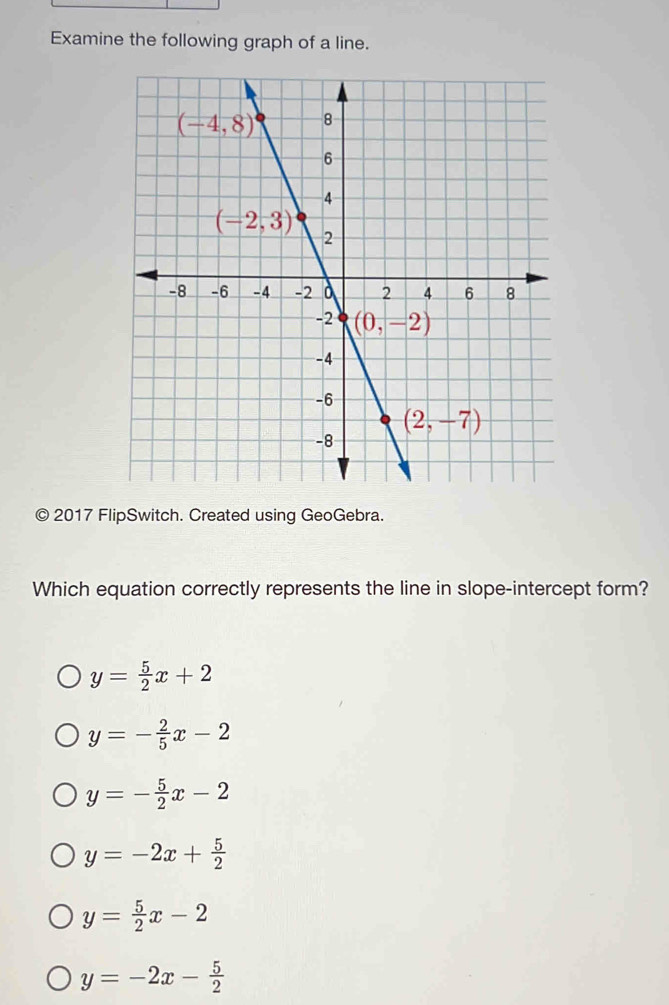 Examine the following graph of a line.
© 2017 FlipSwitch. Created using GeoGebra.
Which equation correctly represents the line in slope-intercept form?
y= 5/2 x+2
y=- 2/5 x-2
y=- 5/2 x-2
y=-2x+ 5/2 
y= 5/2 x-2
y=-2x- 5/2 