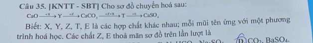 [KNTT - SBT] Cho sơ đồ chuyền hoá sau: 
CaOto Yto Yto CaCO,to CaTto CaSO_4 
Biết: X, Y, Z, T, E là các hợp chất khác nhau; mỗi mũi tên ứng với một phương 
trình hoá học. Các chất Z, E thoả mãn sơ đồ trên lần lượt là
CO_2.BaSO_4.