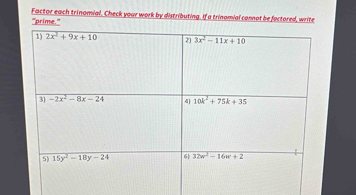 Factor each trinomial. Check your work by distributing. If a trinomial cannot be factored, write
“prime.”