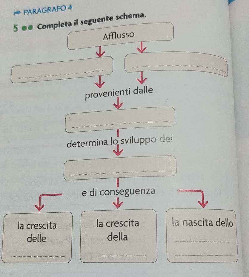 PARAGRAFO 4 
5 ●● Completa il seguente schema. 
Afflusso 
_ 
_ 
provenienti dalle 
_ 
determina lo sviluppo del 
_ 
e di conseguenza 
la crescita la crescita la nascita dello 
delle della_ 
__ 
_